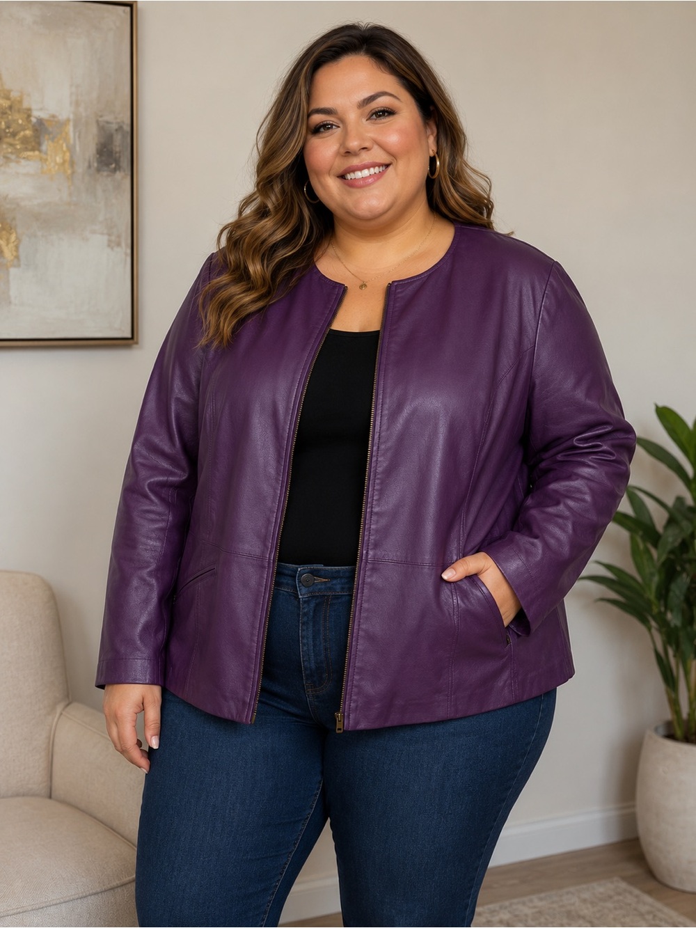 Maggie Barnes Purple Leather Zip-Front Jacket